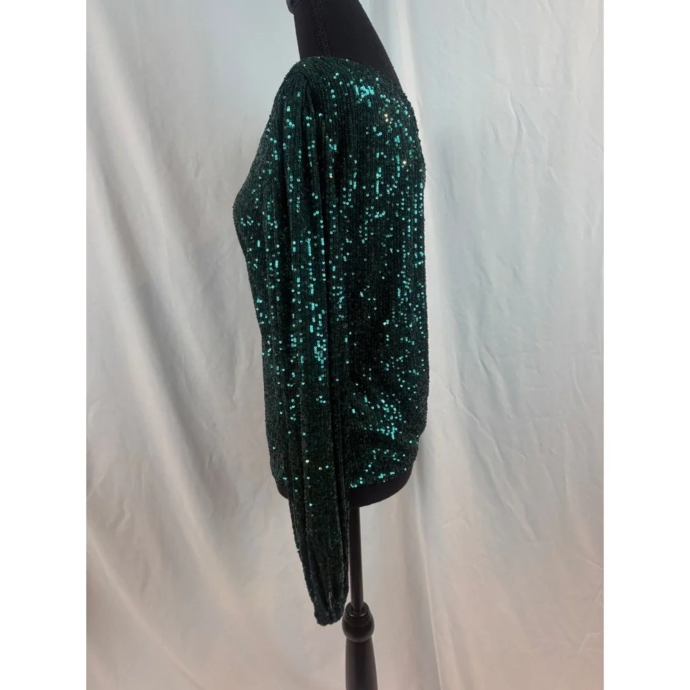 Emerald Green Sequin One Shoulder Long Sleeve Party Top Glam Night Out Blouse - Picture 6 of 7